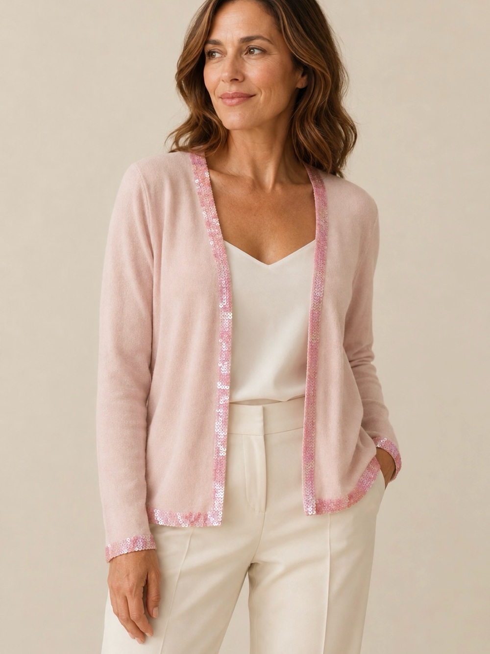 Willi Smith Pale Pink Open-Front Jacket with Sequin Trim